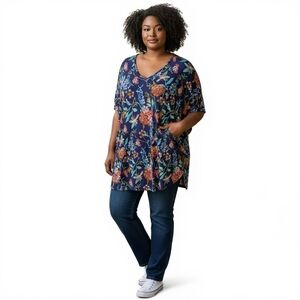Ulla Popken Womens Tunic Top Plus 36/38 Navy Blue Floral Short Sleeve Pockets